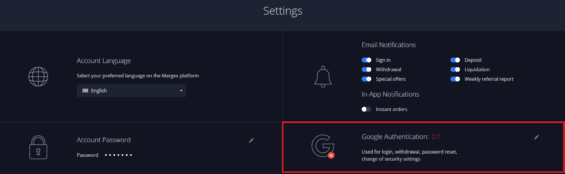 Nastavení burzy Margex - zapnutí dvoufaktorového ověření