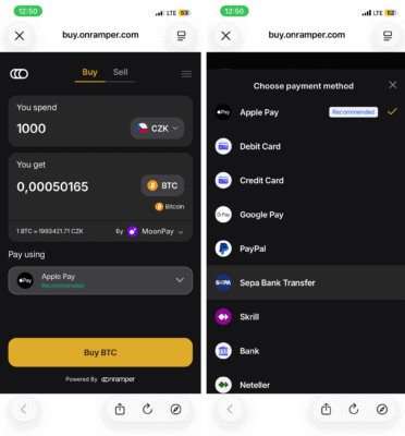 Nákupy Bitcoinu prostřednictvím Wallet of Satoshi