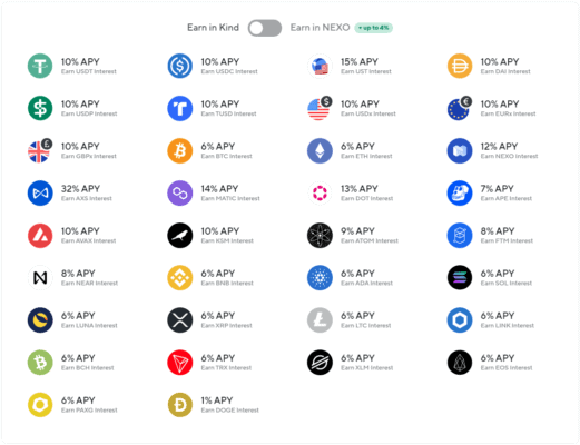 Všechny možnosti pro zhodnocování jednotlivých kryptoměn na platformě Nexo