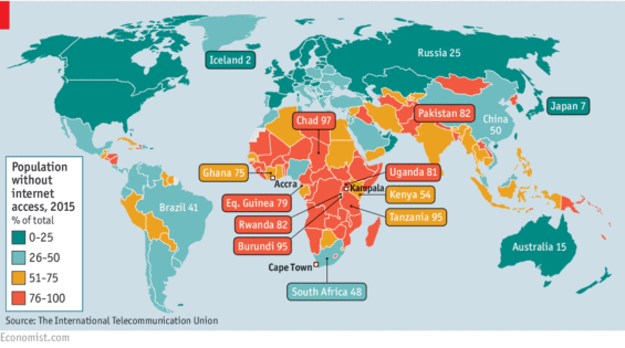 Procento populace bez přístupu k internetu (2015)