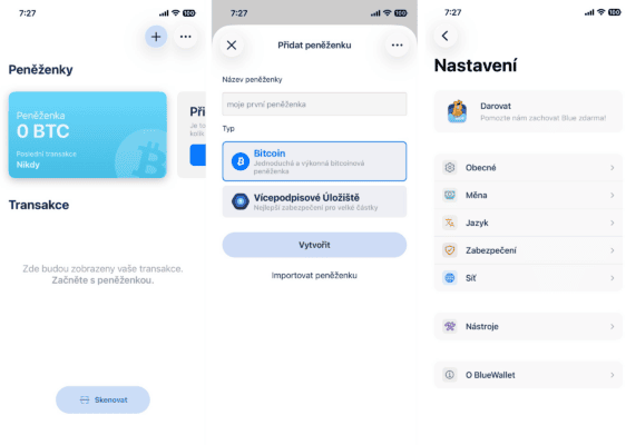 Rozhraní krypto peněženky Blue Wallet