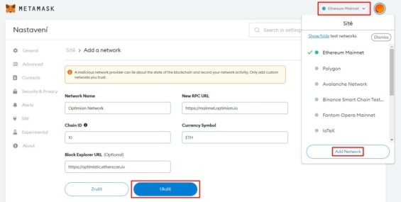 Přidání Optimism do MetaMasku