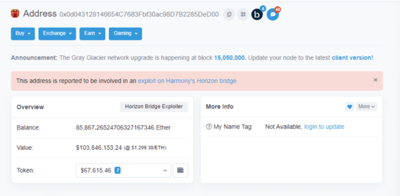 Náhled na peněženku útočníka pomocí blockchain exploreru Etherscan