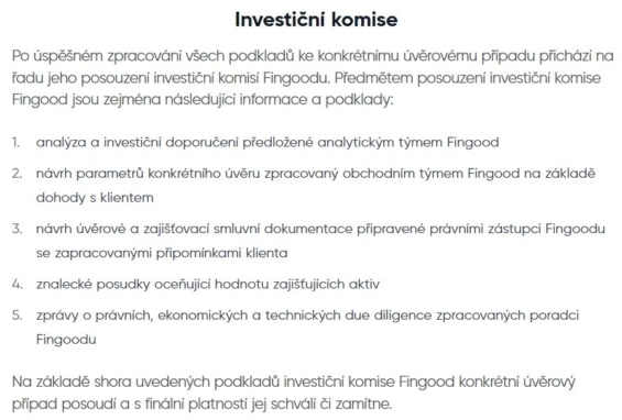 Proces hodnocení jednotlivých projektů na platformě fingood ze strany investiční komise