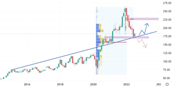 Měsíční akciový graf společnosti Lowe's 