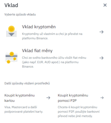 Možné způsoby vložení prostředků na Binance