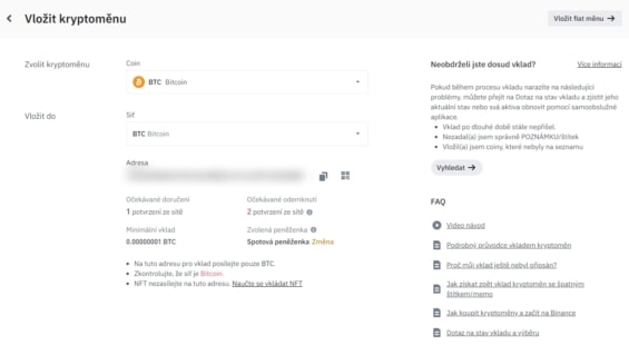 Vklad BTC na Binance
