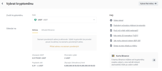 Výběr kryptoměny USDT na Binance