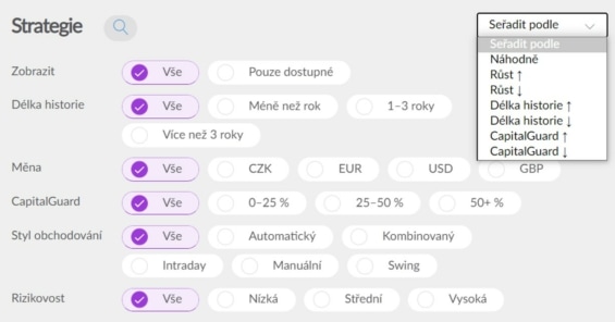 Možnosti filtrace jednotlivých strategií