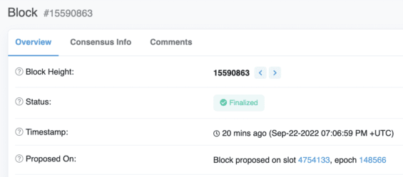 Blok v epoše s finalizovaným checkpointem, to znamená, že i tento blok je plně finalizovaný