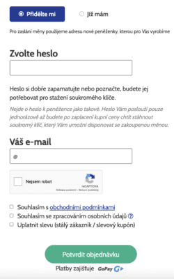 Nákup kryptoměn na ccShopu bez peněženky - je potřeba si zvolit heslo