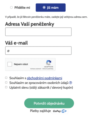 Nákup kryptoměn na ccShopu s již vytvořenou peněženkou