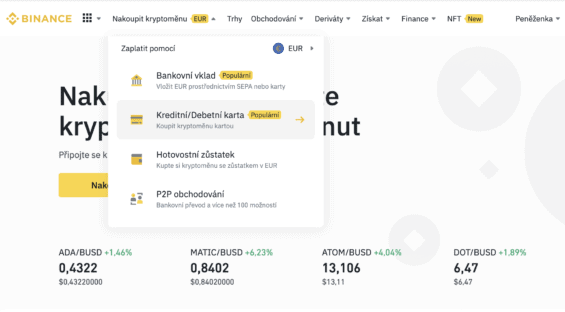 Nákup kryptoměn na Binance