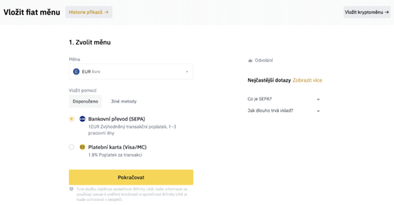 Vklad fiat měny na burzu Binance, za níž je pak možné nakoupit Bitcoin