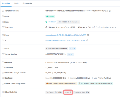 Příklad transakce a její hodnoty nonce