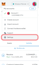 resetování metamask - settings