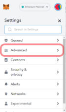 resetování metamask - advanced