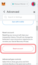resetování metamask - volba reset account
