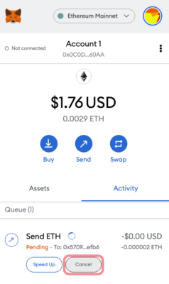 Zrušení transakce v peněžence MetaMask