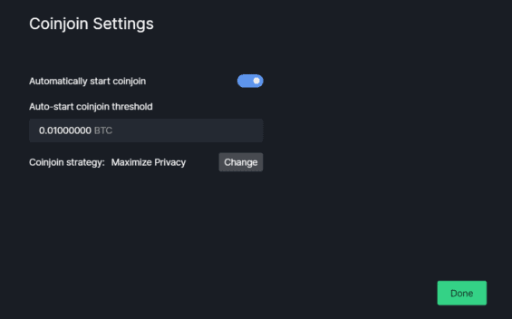 Nastavení CoinJoinu po založení peněženky