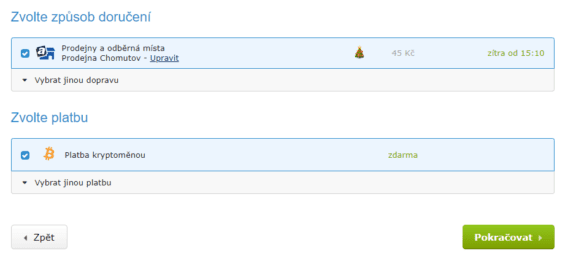 Platba za nákup v kryptoměnách na Alze