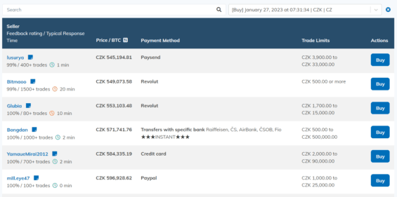 Příklad prodejních inzerátů - součástí je cena, platební metody, limity a také hodnocení obchodníka
