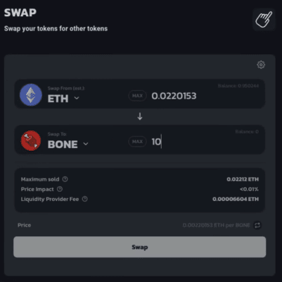 Směna ETH a BONE na ShibaSwapu