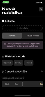 Další nastavení spočívá v lokalitě obchodu, volbou mezi osobním setkáním a online obchodem a následně možností platby - hotovost, Revolut či bankovní převod.