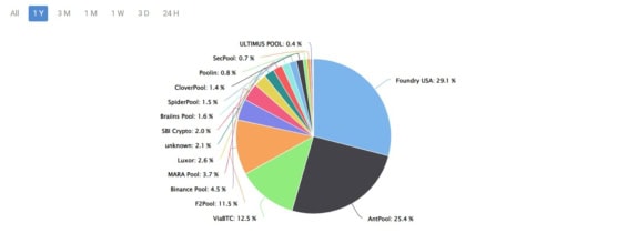 Graf zobrazující poměr na celkové hashrate bitcoinové sítě za rok 2024