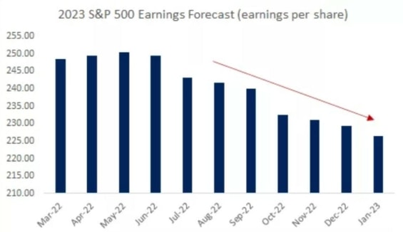 Tento graf ukazuje prognózy budoucího zisku na akcii v indexu S&P 500, které se posouvají směrem dolů, protože analytici očekávají nižší zisky podniků