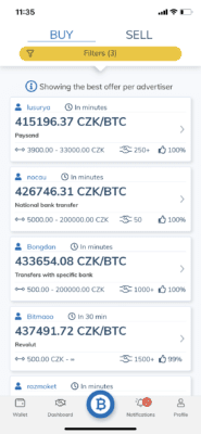 Okno inzerátů v mobilní aplikaci LocalBitcoins