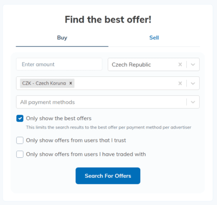 Možnosti filtrování inzerátů. Do prvního pole nastavíte množství a vyberete zemi. V kolonce pod tím nastavíte měnu, kterou chcete platit a do posledního políčka způsob platby.