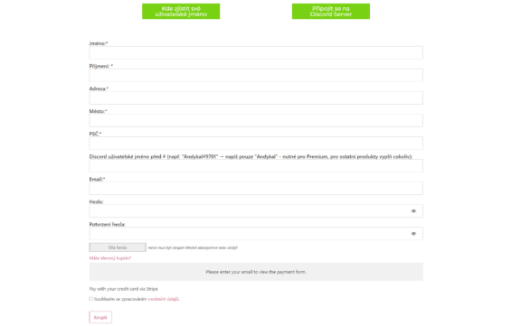 Blockspace formulář pro zaplacení