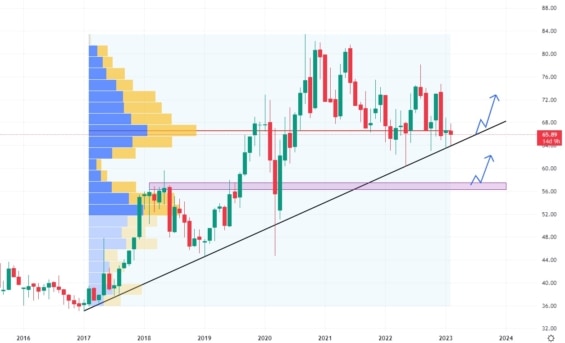 Měsíční akciový graf společnosti Brown-Forman Corporation