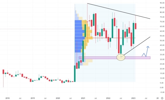 Měsíční akciový graf společnosti Piedmont Lithium