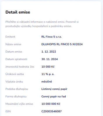 Detaily dluhopisové emise
