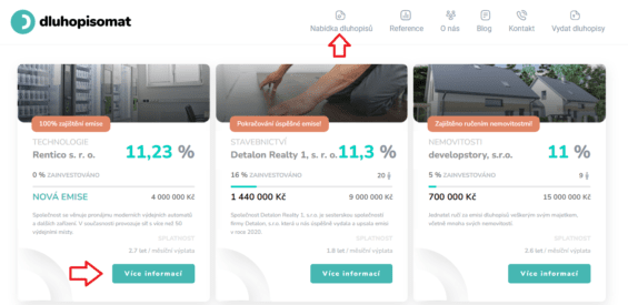 Klepněte na pole "Nabídka dluhopisů" v horním menu a vyberte si vašeho favorita. Pak přejděte do karty dluhopisu pomocí tlačítka "Více informací".