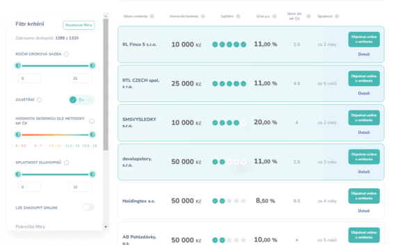 Prostředí srovnávače je velice jednoduché. Na pravé straně naleznete nabídku. Na levé pak jednotlivé filtry vyhledávání.
