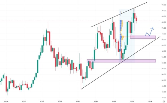 Měsíční akciový graf společnosti Interactive Brokers Group