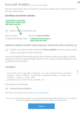 Formulář W-8BEN ve webovém rozhraní platformy eToro