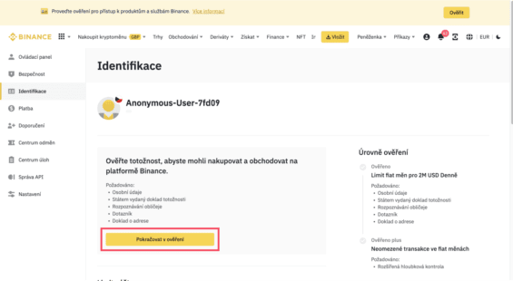 Identifikace v nastavení účtu Binance