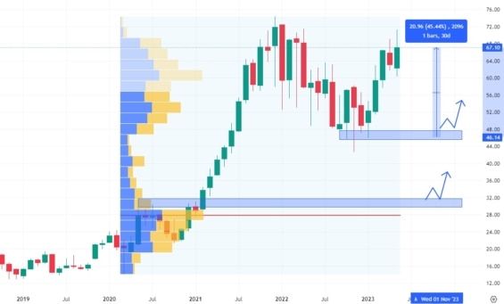 Měsíční akciový graf společnosti Fortinet