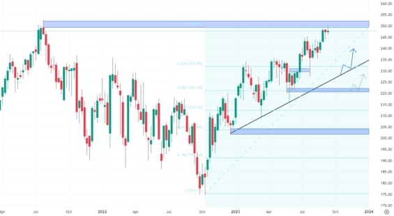 Týdenní akciový graf společnosti Visa
