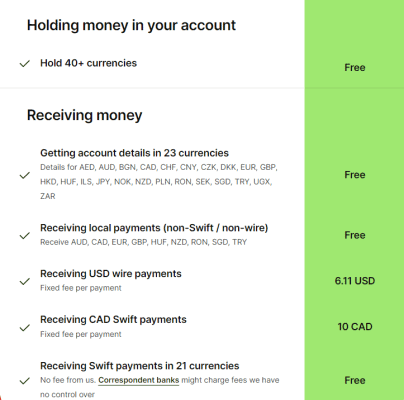 Poplatky za přijímání peněz (pouze pevné poplatky při přijímání USD a CAD).