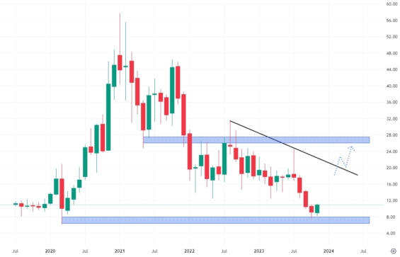 Měsíční akciový graf společnosti Sunnova Energy International