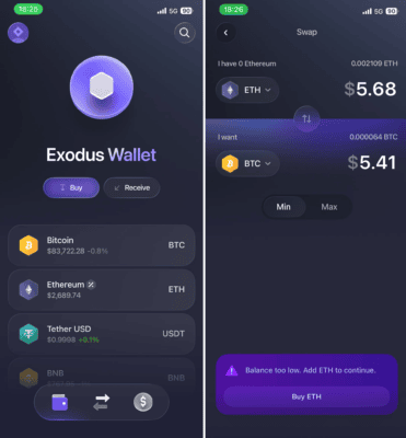 Peněženka Exodus v mobilní aplikaci