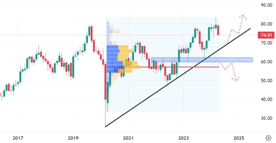 Měsíční akciový graf společnosti Restaurant Brands