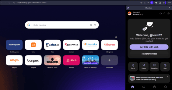 Zobrazení Phantom Wallet v rámci prohlížeče