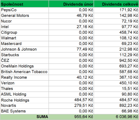 Výše dividendy vyplacené jednotlivými akciemi našeho portfolia