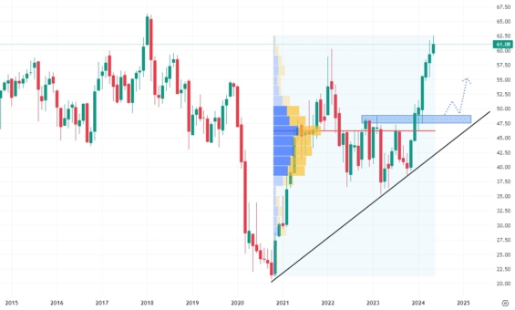 Měsíční akciový graf společnosti Wells Fargo
